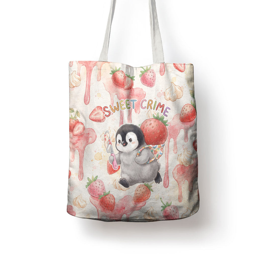 Sweet Crime Cute Penguin Holding Knife Tote Bag Funny Strawberry Cake Graphic With Pastel Dessert Pattern