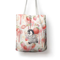 Sweet Crime Cute Penguin Holding Knife Tote Bag Funny Strawberry Cake Graphic With Pastel Dessert Pattern