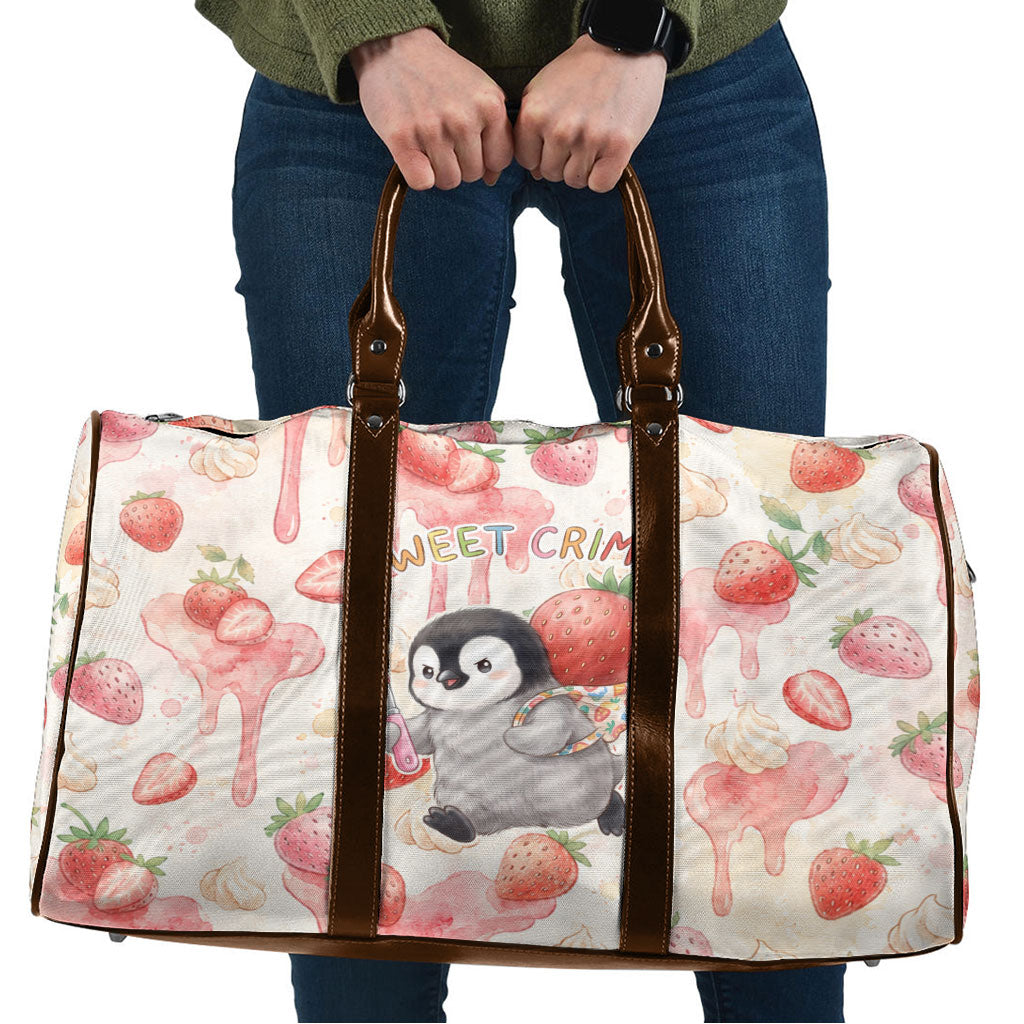 Sweet Crime Cute Penguin Holding Knife Travel Bag Funny Strawberry Cake Graphic With Pastel Dessert Pattern
