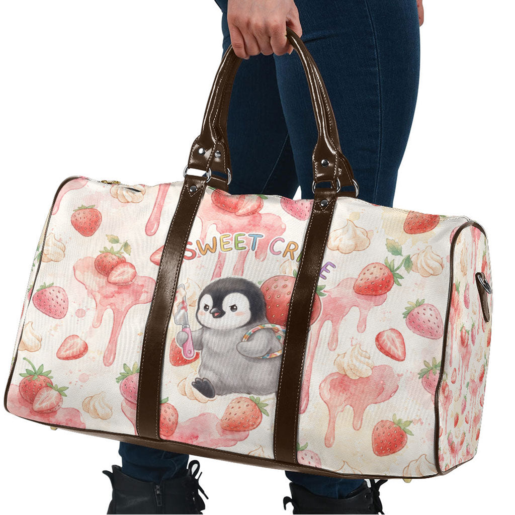 Sweet Crime Cute Penguin Holding Knife Travel Bag Funny Strawberry Cake Graphic With Pastel Dessert Pattern