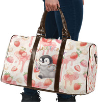 Sweet Crime Cute Penguin Holding Knife Travel Bag Funny Strawberry Cake Graphic With Pastel Dessert Pattern
