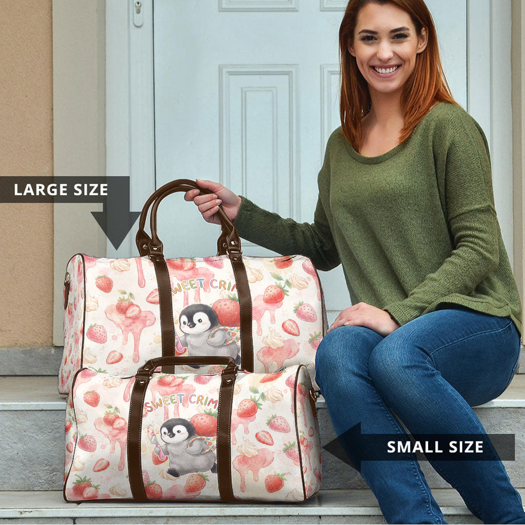 Sweet Crime Cute Penguin Holding Knife Travel Bag Funny Strawberry Cake Graphic With Pastel Dessert Pattern