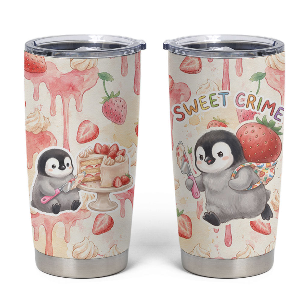 Sweet Crime Cute Penguin Holding Knife Tumbler Cup Funny Strawberry Cake Graphic With Pastel Dessert Pattern