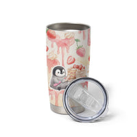 Sweet Crime Cute Penguin Holding Knife Tumbler Cup Funny Strawberry Cake Graphic With Pastel Dessert Pattern