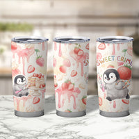 Sweet Crime Cute Penguin Holding Knife Tumbler Cup Funny Strawberry Cake Graphic With Pastel Dessert Pattern