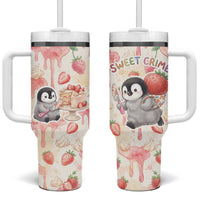 Sweet Crime Cute Penguin Holding Knife Tumbler With Handle Funny Strawberry Cake Graphic With Pastel Dessert Pattern