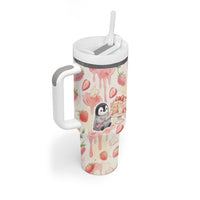 Sweet Crime Cute Penguin Holding Knife Tumbler With Handle Funny Strawberry Cake Graphic With Pastel Dessert Pattern