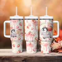 Sweet Crime Cute Penguin Holding Knife Tumbler With Handle Funny Strawberry Cake Graphic With Pastel Dessert Pattern