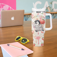 Sweet Crime Cute Penguin Holding Knife Tumbler With Handle Funny Strawberry Cake Graphic With Pastel Dessert Pattern