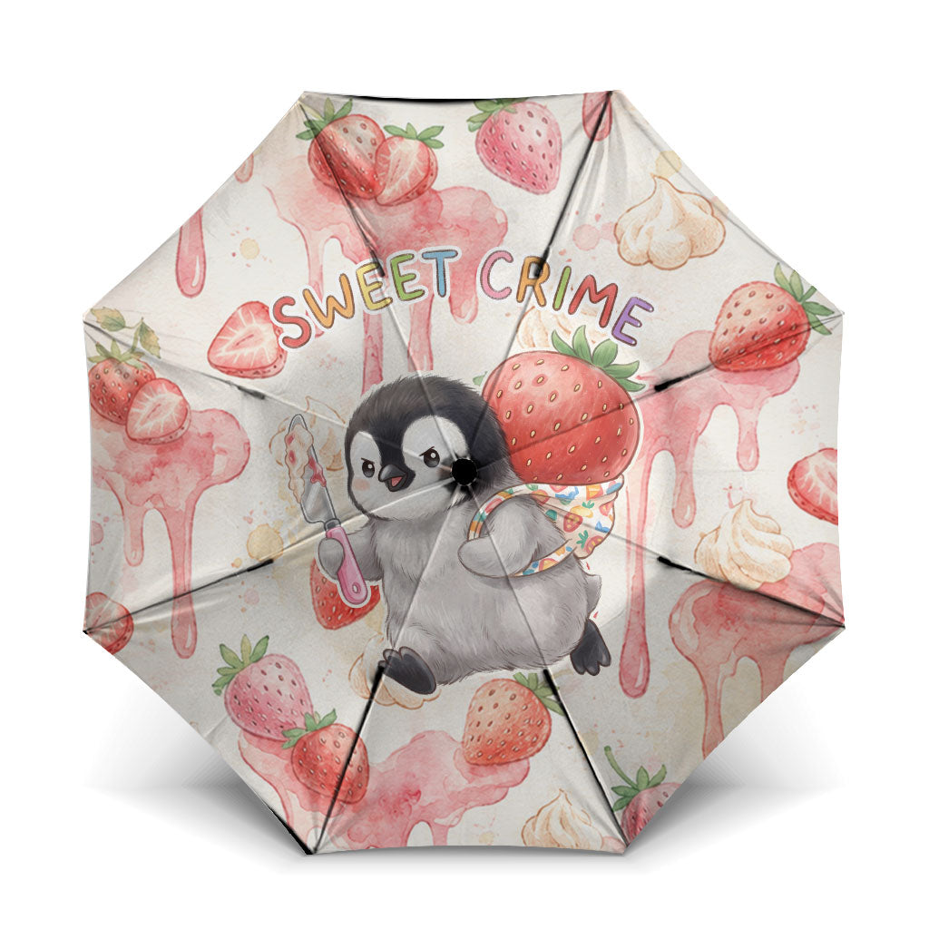 Sweet Crime Cute Penguin Holding Knife Umbrella Funny Strawberry Cake Graphic With Pastel Dessert Pattern