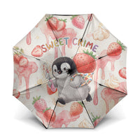 Sweet Crime Cute Penguin Holding Knife Umbrella Funny Strawberry Cake Graphic With Pastel Dessert Pattern