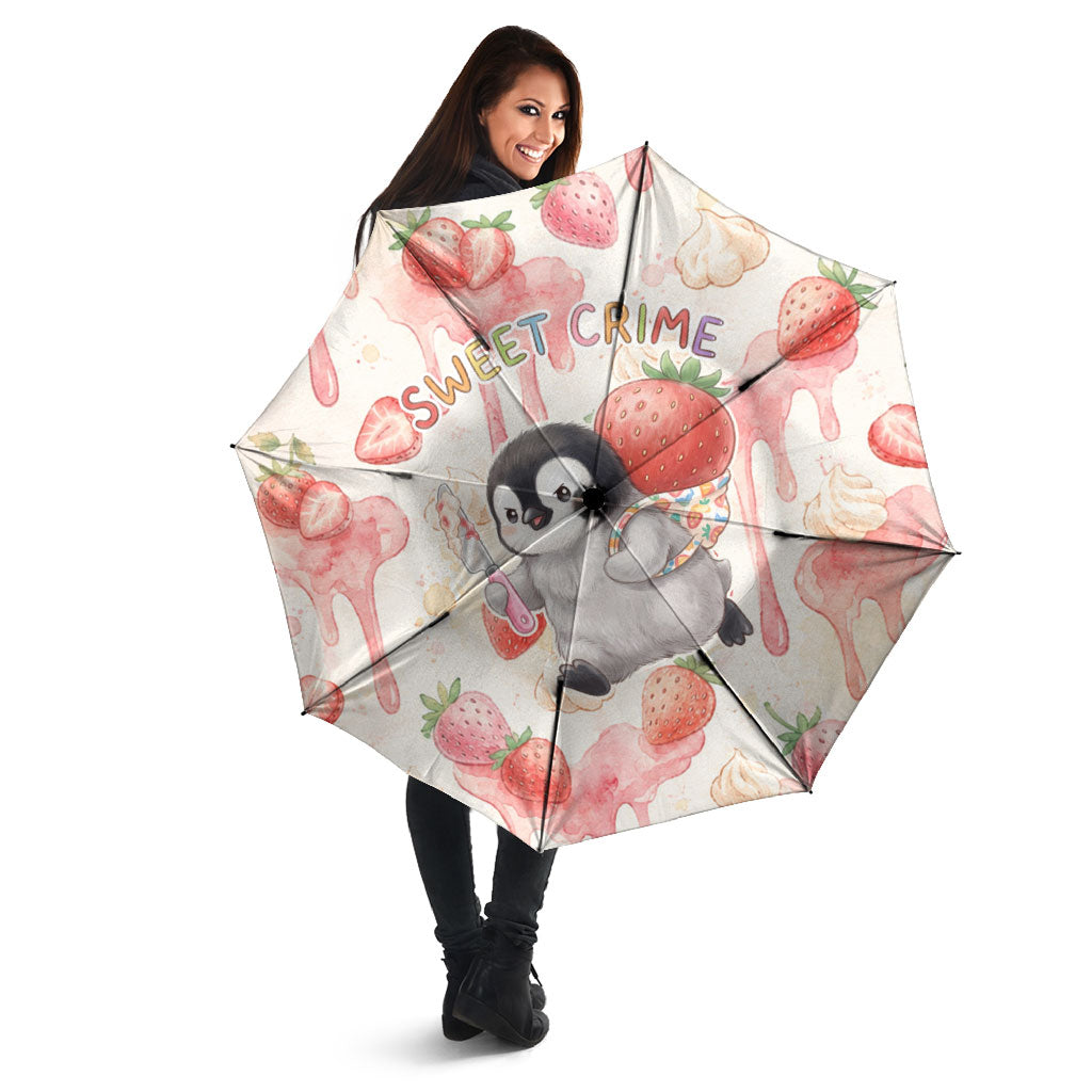 Sweet Crime Cute Penguin Holding Knife Umbrella Funny Strawberry Cake Graphic With Pastel Dessert Pattern