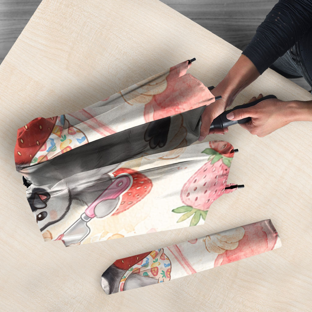 Sweet Crime Cute Penguin Holding Knife Umbrella Funny Strawberry Cake Graphic With Pastel Dessert Pattern