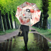 Sweet Crime Cute Penguin Holding Knife Umbrella Funny Strawberry Cake Graphic With Pastel Dessert Pattern