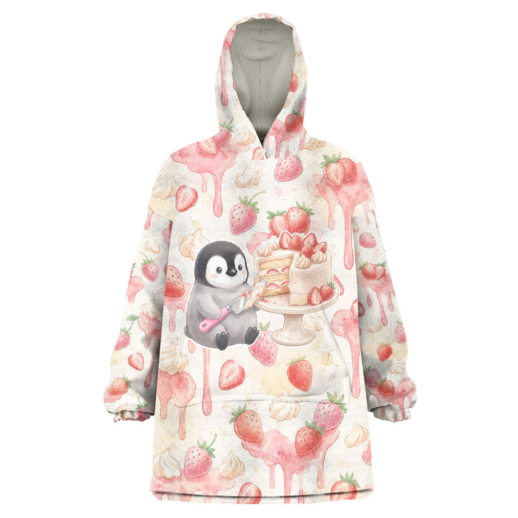 Sweet Crime Cute Penguin Holding Knife Wearable Blanket Hoodie Funny Strawberry Cake Graphic With Pastel Dessert Pattern