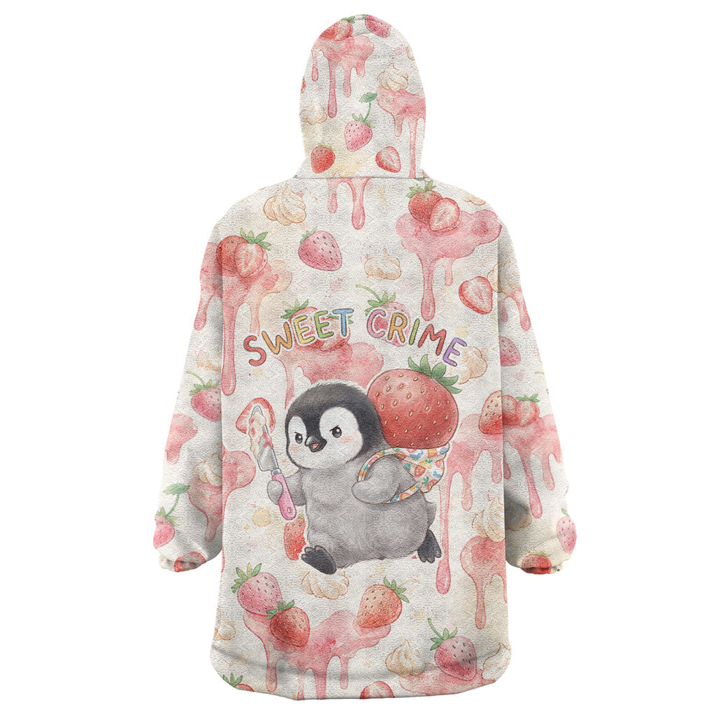 Sweet Crime Cute Penguin Holding Knife Wearable Blanket Hoodie Funny Strawberry Cake Graphic With Pastel Dessert Pattern