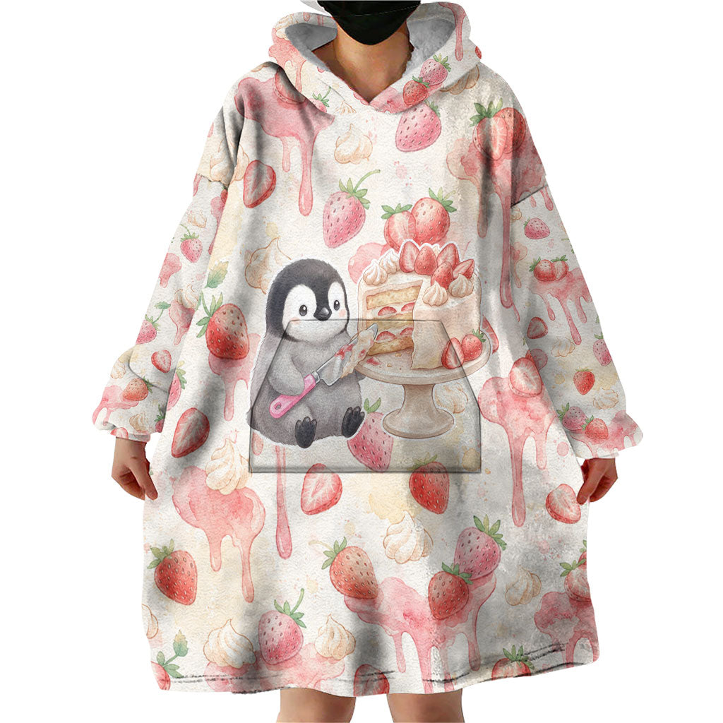 Sweet Crime Cute Penguin Holding Knife Wearable Blanket Hoodie Funny Strawberry Cake Graphic With Pastel Dessert Pattern