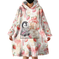 Sweet Crime Cute Penguin Holding Knife Wearable Blanket Hoodie Funny Strawberry Cake Graphic With Pastel Dessert Pattern