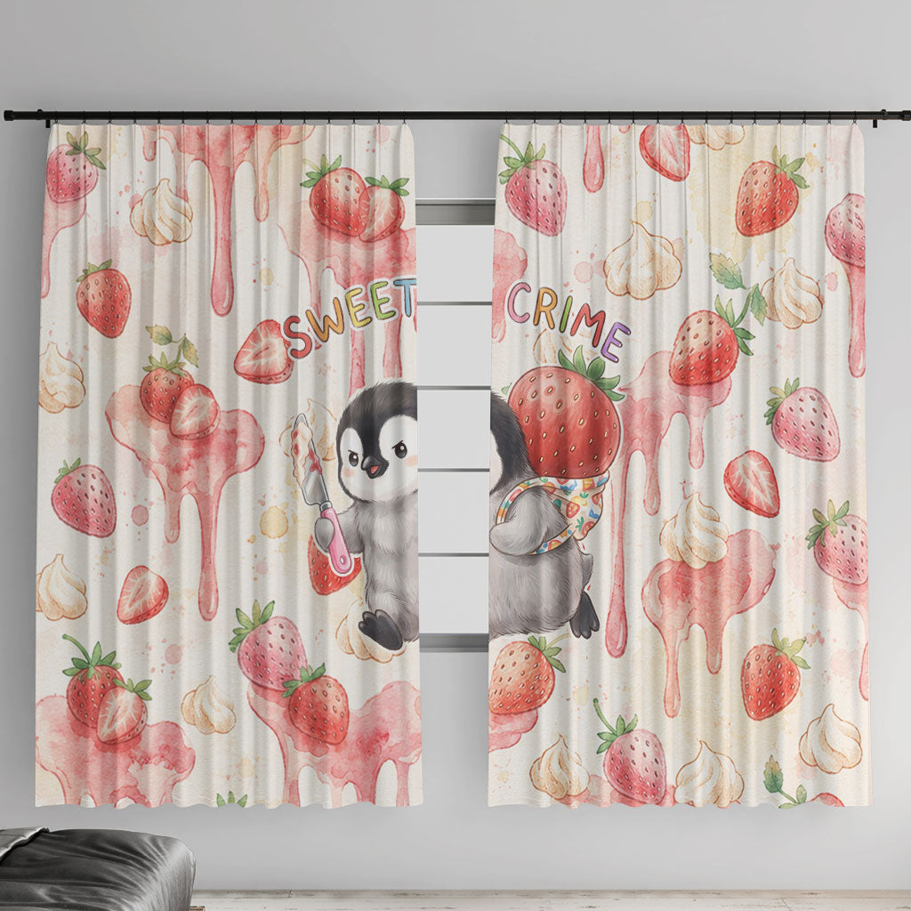 Sweet Crime Cute Penguin Holding Knife Window Curtain Funny Strawberry Cake Graphic With Pastel Dessert Pattern