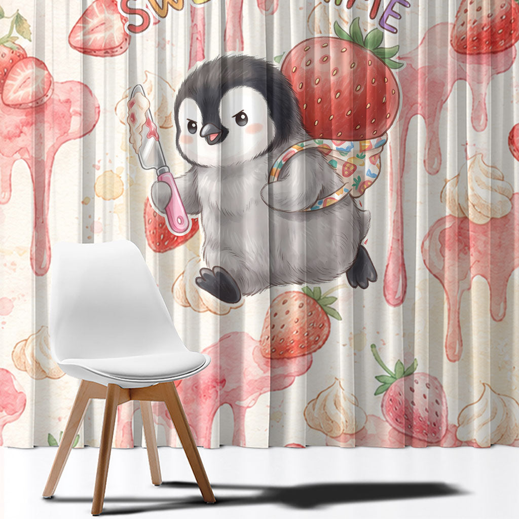 Sweet Crime Cute Penguin Holding Knife Window Curtain Funny Strawberry Cake Graphic With Pastel Dessert Pattern