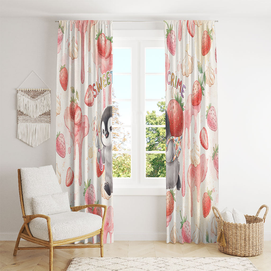Sweet Crime Cute Penguin Holding Knife Window Curtain Funny Strawberry Cake Graphic With Pastel Dessert Pattern