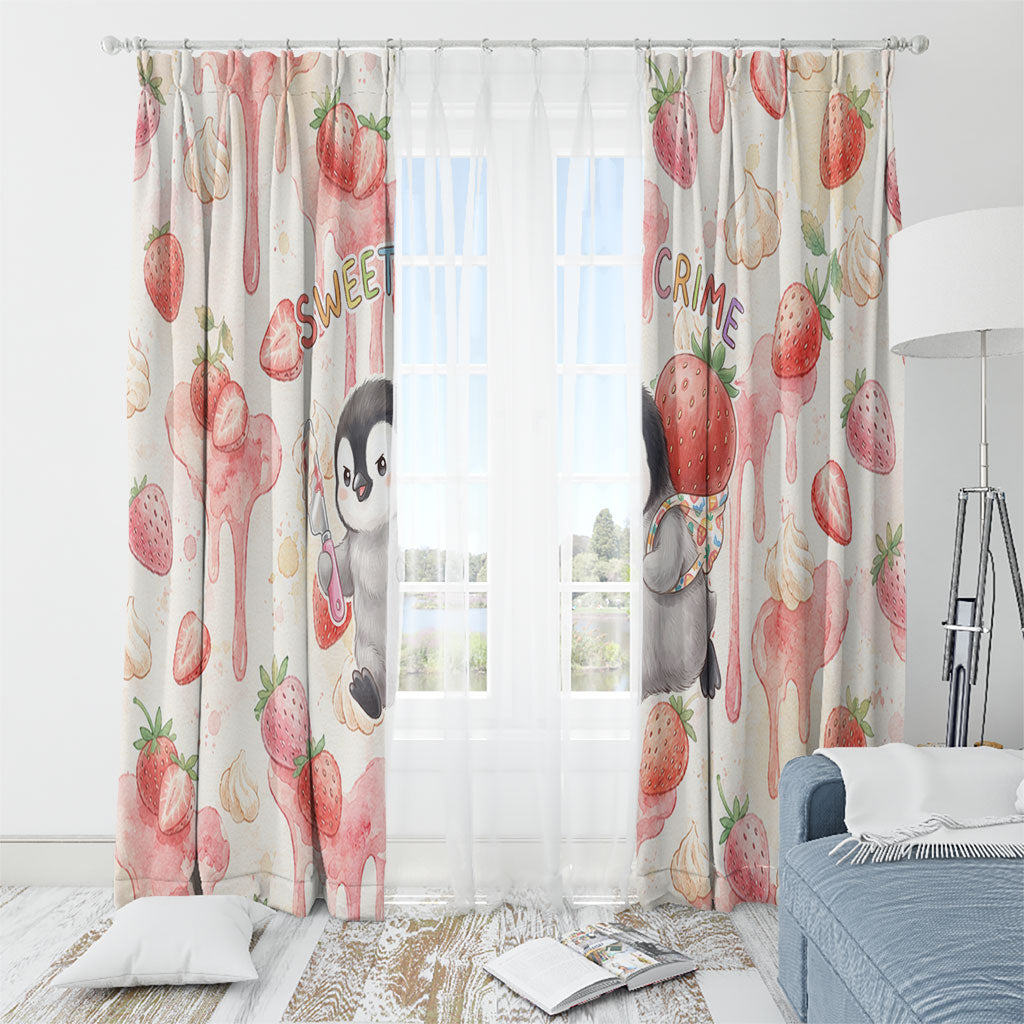 Sweet Crime Cute Penguin Holding Knife Window Curtain Funny Strawberry Cake Graphic With Pastel Dessert Pattern