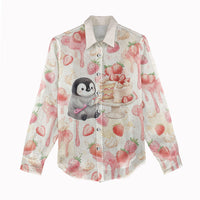Sweet Crime Cute Penguin Holding Knife Women Casual Shirt Funny Strawberry Cake Graphic With Pastel Dessert Pattern