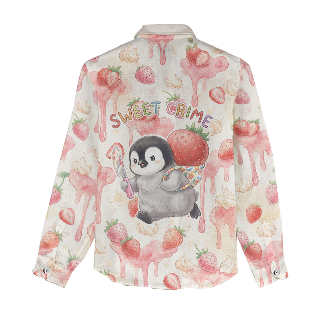 Sweet Crime Cute Penguin Holding Knife Women Casual Shirt Funny Strawberry Cake Graphic With Pastel Dessert Pattern