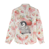 Sweet Crime Cute Penguin Holding Knife Women Casual Shirt Funny Strawberry Cake Graphic With Pastel Dessert Pattern