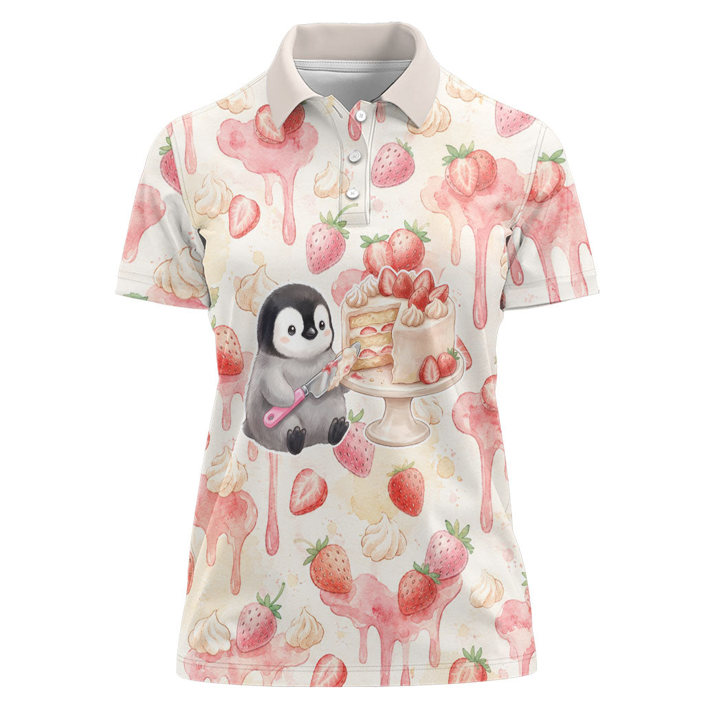 Sweet Crime Cute Penguin Holding Knife Women Polo Shirt Funny Strawberry Cake Graphic With Pastel Dessert Pattern