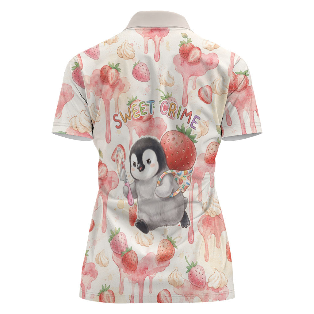 Sweet Crime Cute Penguin Holding Knife Women Polo Shirt Funny Strawberry Cake Graphic With Pastel Dessert Pattern