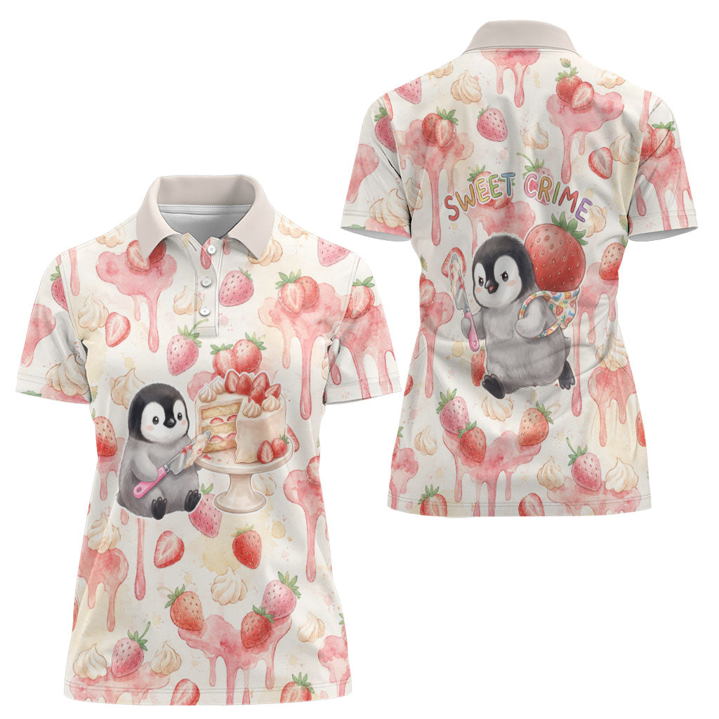 Sweet Crime Cute Penguin Holding Knife Women Polo Shirt Funny Strawberry Cake Graphic With Pastel Dessert Pattern