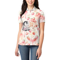 Sweet Crime Cute Penguin Holding Knife Women Polo Shirt Funny Strawberry Cake Graphic With Pastel Dessert Pattern