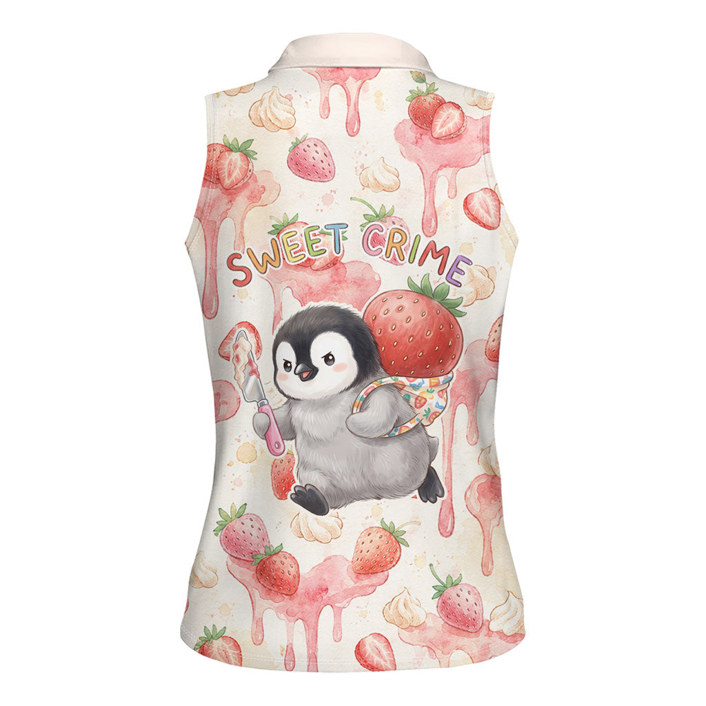 Sweet Crime Cute Penguin Holding Knife Women Sleeveless Polo Shirt Funny Strawberry Cake Graphic With Pastel Dessert Pattern