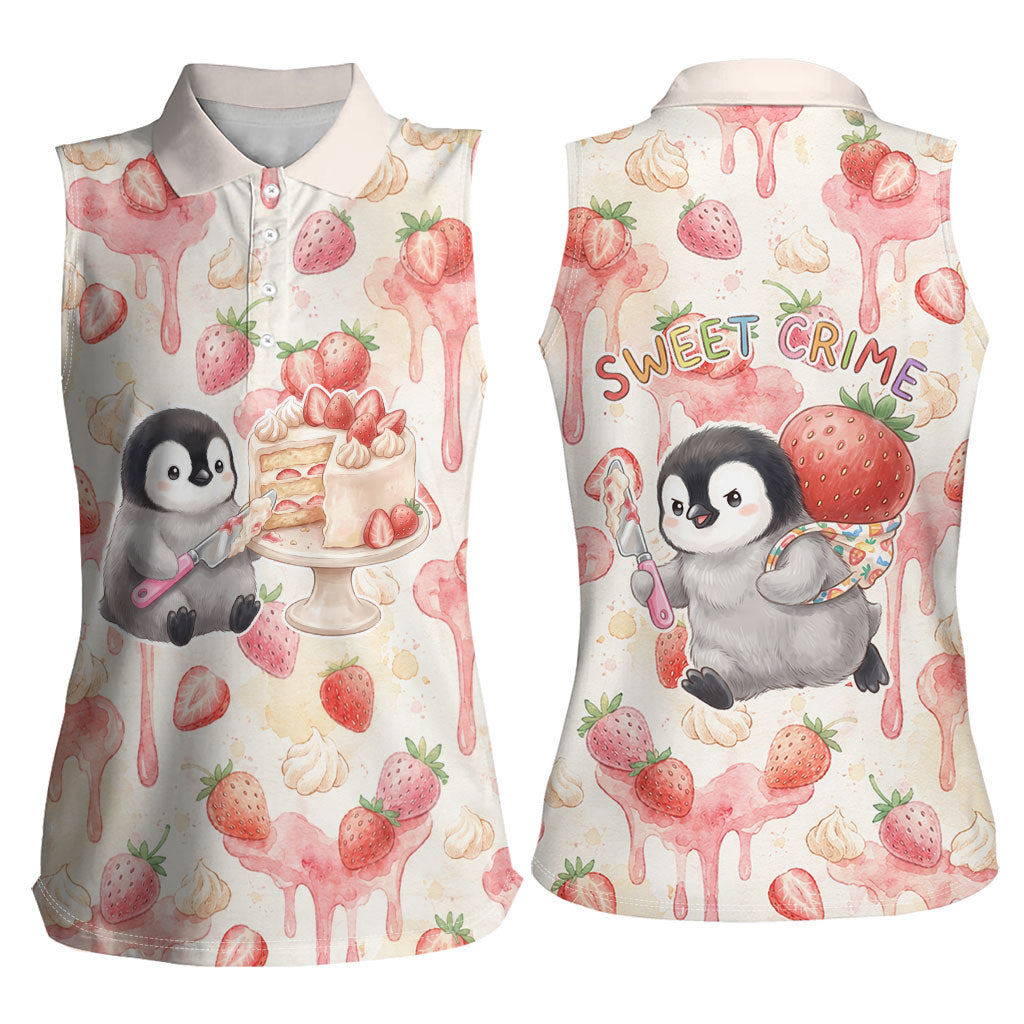 Sweet Crime Cute Penguin Holding Knife Women Sleeveless Polo Shirt Funny Strawberry Cake Graphic With Pastel Dessert Pattern