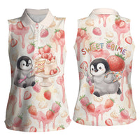 Sweet Crime Cute Penguin Holding Knife Women Sleeveless Polo Shirt Funny Strawberry Cake Graphic With Pastel Dessert Pattern