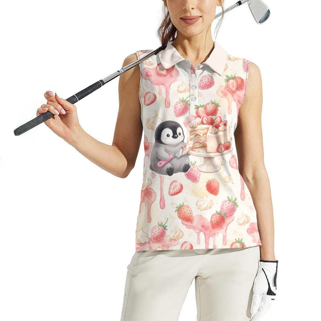 Sweet Crime Cute Penguin Holding Knife Women Sleeveless Polo Shirt Funny Strawberry Cake Graphic With Pastel Dessert Pattern
