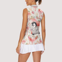Sweet Crime Cute Penguin Holding Knife Women Sleeveless Polo Shirt Funny Strawberry Cake Graphic With Pastel Dessert Pattern