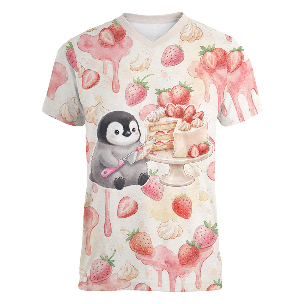 Sweet Crime Cute Penguin Holding Knife Women V-Neck T-Shirt Funny Strawberry Cake Graphic With Pastel Dessert Pattern
