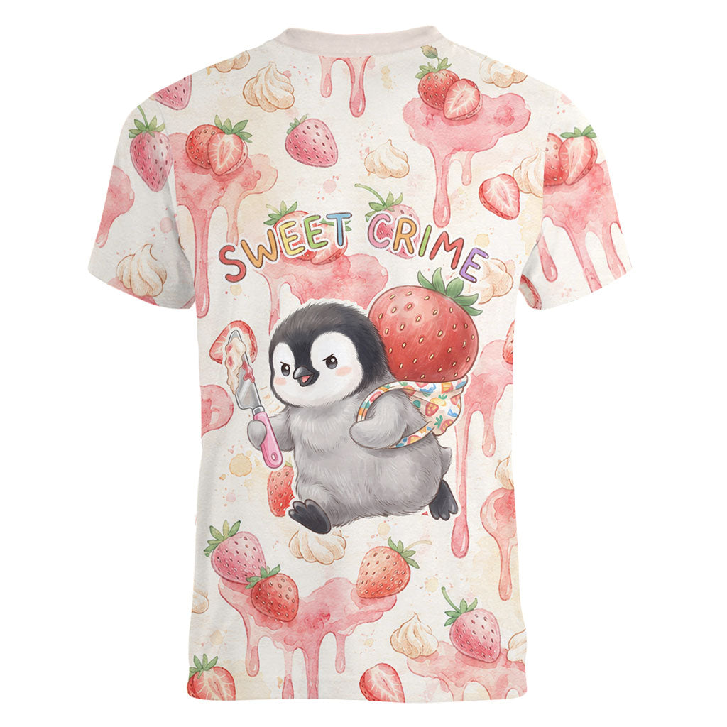 Sweet Crime Cute Penguin Holding Knife Women V-Neck T-Shirt Funny Strawberry Cake Graphic With Pastel Dessert Pattern