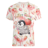 Sweet Crime Cute Penguin Holding Knife Women V-Neck T-Shirt Funny Strawberry Cake Graphic With Pastel Dessert Pattern