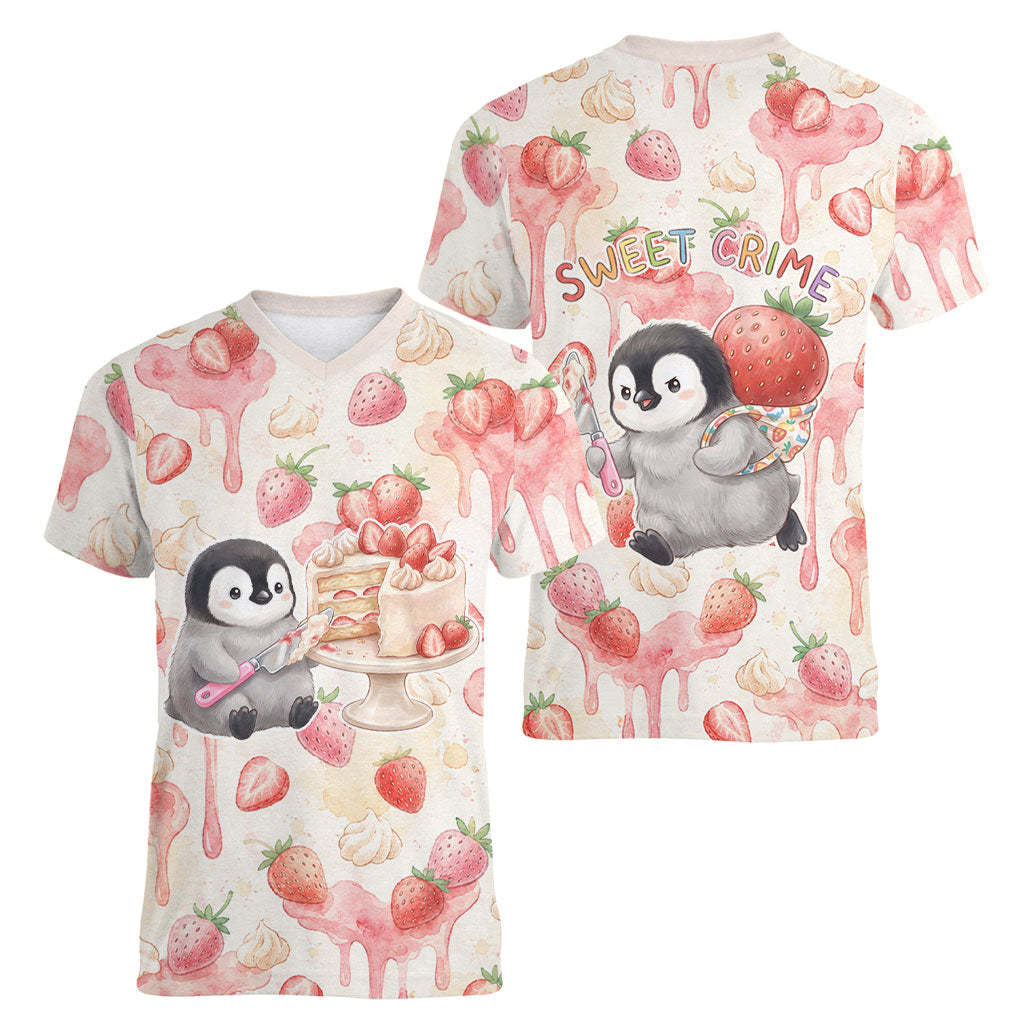Sweet Crime Cute Penguin Holding Knife Women V-Neck T-Shirt Funny Strawberry Cake Graphic With Pastel Dessert Pattern