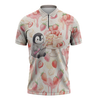 Sweet Crime Cute Penguin Holding Knife Zipper Polo Shirt Funny Strawberry Cake Graphic With Pastel Dessert Pattern
