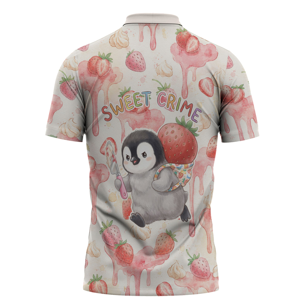 Sweet Crime Cute Penguin Holding Knife Zipper Polo Shirt Funny Strawberry Cake Graphic With Pastel Dessert Pattern