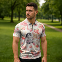 Sweet Crime Cute Penguin Holding Knife Zipper Polo Shirt Funny Strawberry Cake Graphic With Pastel Dessert Pattern