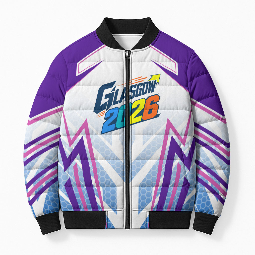 Glasgow 2026 Bomber Puffer Jacket Scotland Dynamic Geometric Athlete Graphic Art