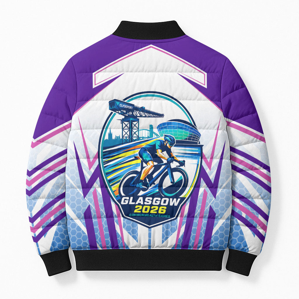 Glasgow 2026 Bomber Puffer Jacket Scotland Dynamic Geometric Athlete Graphic Art