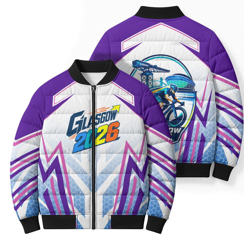 Glasgow 2026 Bomber Puffer Jacket Scotland Dynamic Geometric Athlete Graphic Art