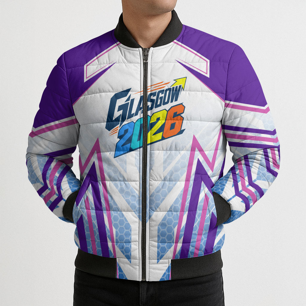 Glasgow 2026 Bomber Puffer Jacket Scotland Dynamic Geometric Athlete Graphic Art