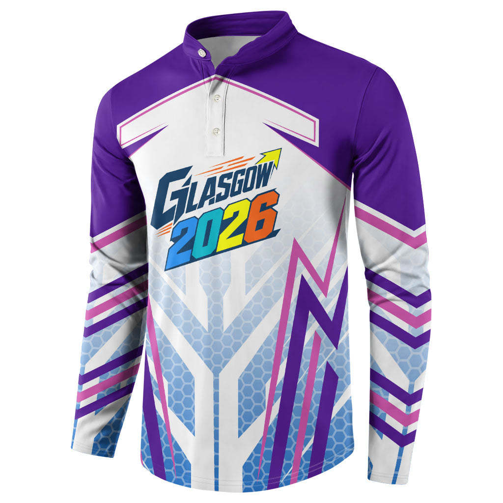 Glasgow 2026 Button Sweatshirt Scotland Dynamic Geometric Athlete Graphic Art